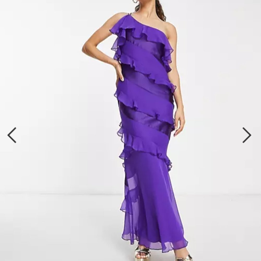 ASOS DESIGN Petite satin bias ruffle maxi dress in purple